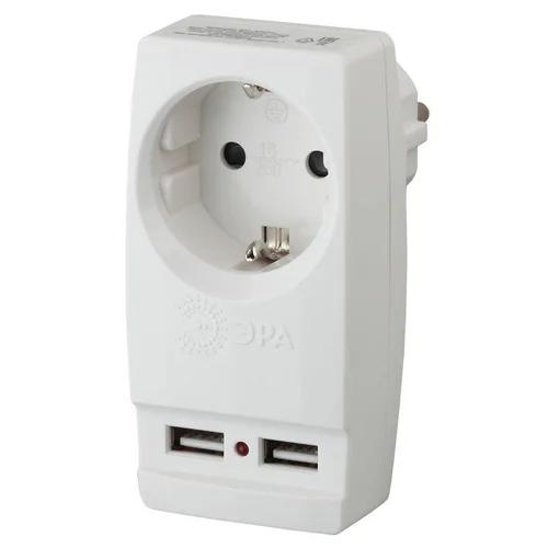 Адаптер 1-м с заземл. Polynom SP-1e-USB-W 220В 2хUSB 2100мА бел. Эра Б0026332