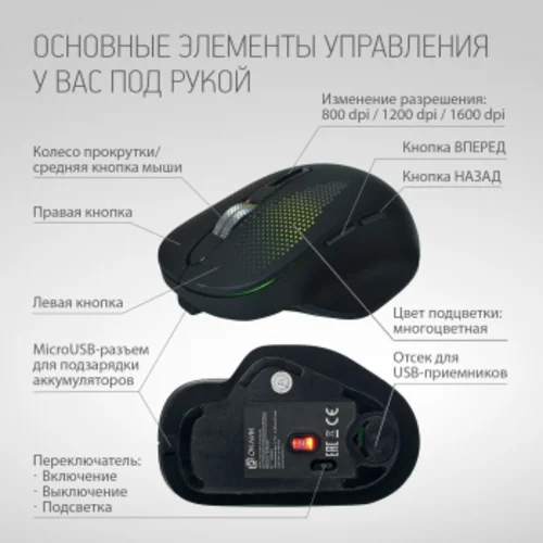 Мышь Оклик 636LWC черный оптическая (1600dpi) беспроводная USB/USB-C для ноутбука (6but)