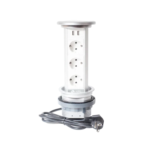 Блок розеточный настольный, 3х2К+З, 2-USB (45х45), с беспроводной зарядкой, выдвижной, алюминий, IP54