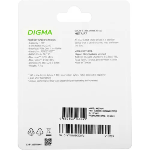 Накопитель SSD Digma PCIe 4.0 x4 1TB DGSM4001TP73T Meta P7 M.2 2280