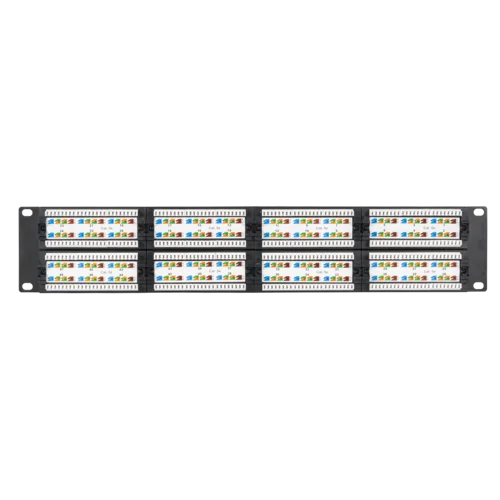Коммутационная панель NETLAN 19", 2U, 48 портов, Кат.5e (Класс D), 100МГц, RJ45/8P8C, 110/KRONE, T568A/B, неэкранированная, черная