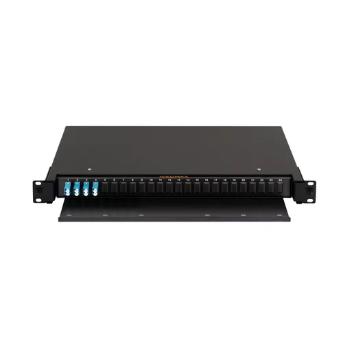 Оптический кросс NIKOMAX 19" Premium Line, 1U, укомплектованный на 8 портов LC/UPC (4 двойных LC/UPC адаптера), SM 9/125 OS2, выдвижной, с полкой