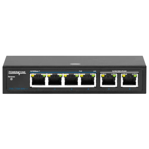 PoE коммутатор неуправляемый PUS-TT04L-60M v1, 4x10/100BASE-TX 802.3af&at + 2x10/100/1000BASE-TX, c изол. портов, PoE бюджет 60Вт, до 30Вт на порт