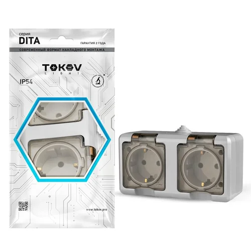 Розетка 2-м ОП Dita 16А IP54 250В с заземл. с прозр. крышкой сер.TOKOV ELECTRIC TKL-DT-R2Z-C06T-IP54
