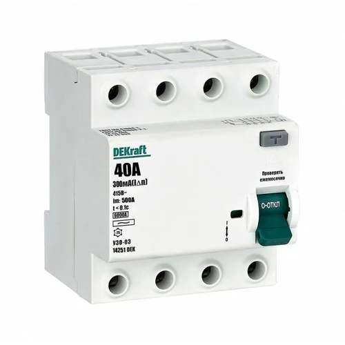 Выключатель дифференциального тока (УЗО) 4п 40А 300мА тип AC 6кА УЗО-03 DEKraft 14251DEK Выключатель дифференциального тока (УЗО) 4п 40А 300мА тип AC 6кА УЗО-03 DEKraft 14251DEK