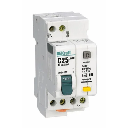 Выключатель автоматический дифференциального тока 2п (1P+N) C 25А 30мА тип AC 4.5кА ДИФ-102 2мод. DE Выключатель автоматический дифференциального тока 2п (1P+N) C 25А 30мА тип AC 4.5кА ДИФ-102 2мод. DE