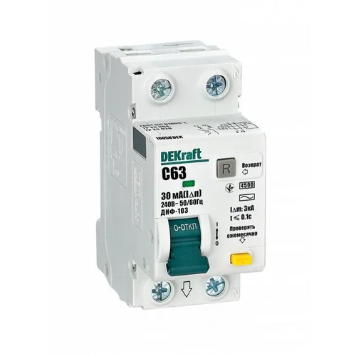 Выключатель автоматический дифференциального тока 2п (1P+N) C 63А 30мА тип AC 4.5кА ДИФ-103 DEKraft