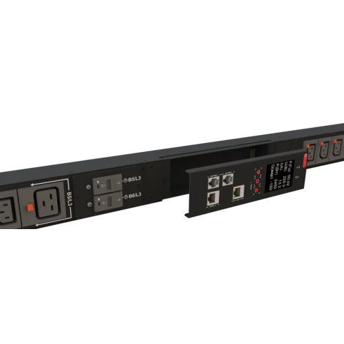 Блок розеток интеллектуальный iPDU-6032: ZeroUnit, 400V, 32А, in IEC60309 3P+N+E, out (6) C19; (18) C13 с фиксацией e-lock Блок розеток интеллектуальный iPDU-6032: ZeroUnit, 400V, 32А, in IEC60309 3P+N+E, out (6) C19; (18) C13 с фиксацией e-lock