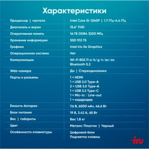 Ноутбук IRU Strato 15ALI Core i5 1240P 16Gb SSD512Gb Intel Iris Xe graphics 15.6" IPS FHD (1920x1080