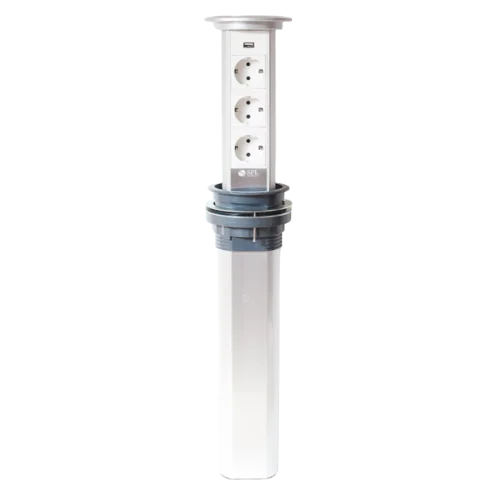 Блок розеточный настольный, 3х2К+З, 1-USB (45х45) автоматический , выдвижной, алюминий, IP54