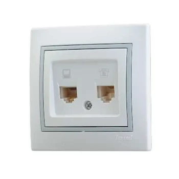 Розетка компьютерная + телефонная 2-м СП Mira RJ45 + RJ11 IP20 с сер. вставкой бел. LEZARD 701-0215- Розетка компьютерная + телефонная 2-м СП Mira RJ45 + RJ11 IP20 с сер. вставкой бел. LEZARD 701-0215-