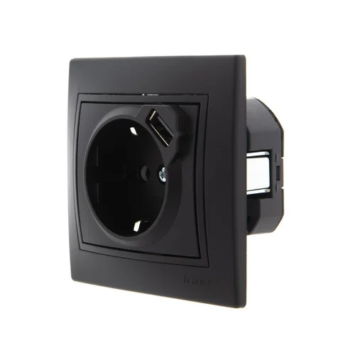 Розетка 1-м СП Mira 16А с заземл. + USB разъем черн. бархат LEZARD 701-4242-181