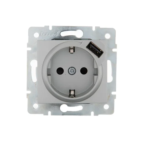 Розетка 1-м СП Karina 16А с заземл. с заряд. устройством USB механизм матов. серебр. LEZARD 707-4388