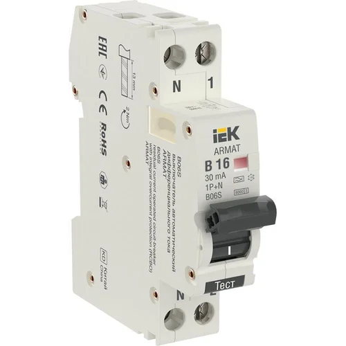 Выключатель автоматический дифференциального тока 2п (1P+N) B 16А 30мА тип A АВДТ B06S 18мм ARMAT IE