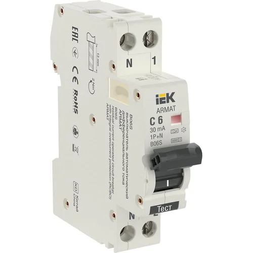 Выключатель автоматический дифференциального тока 2п (1P+N) C 6А 30мА тип A АВДТ B06S 18мм ARMAT IEK