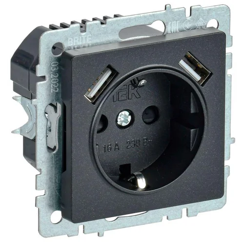 Розетка BRITE РЮш10-1-БрЧ 16А с USB A+A 2.1А с заземл. защ. шторки черн. IEK BR-R14-16-U21-D21-K02 Розетка BRITE РЮш10-1-БрЧ 16А с USB A+A 2.1А с заземл. защ. шторки черн. IEK BR-R14-16-U21-D21-K02