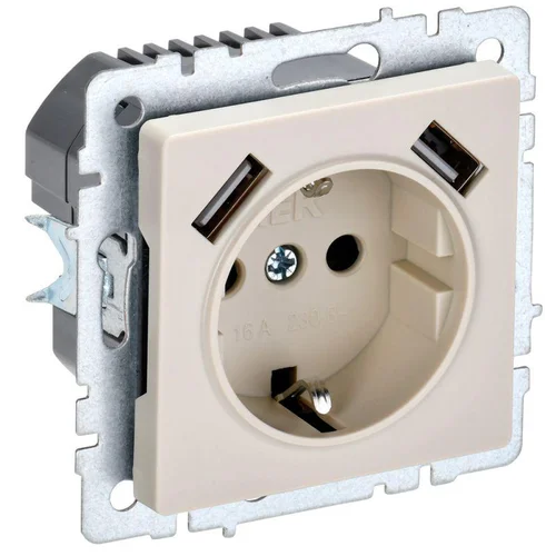 Розетка BRITE РЮш10-1-БрКр 16А с USB A+A 2.1А с заземл. защ. шторки беж. IEK BR-R14-16-U21-D21-K10 Розетка BRITE РЮш10-1-БрКр 16А с USB A+A 2.1А с заземл. защ. шторки беж. IEK BR-R14-16-U21-D21-K10
