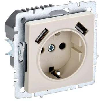 Розетка BRITE РЮш10-2-БрКр 16А с USB A+A 3.1А с заземл. защ. шторки беж. IEK BR-R14-16-U21-D31-K10 Розетка BRITE РЮш10-2-БрКр 16А с USB A+A 3.1А с заземл. защ. шторки беж. IEK BR-R14-16-U21-D31-K10