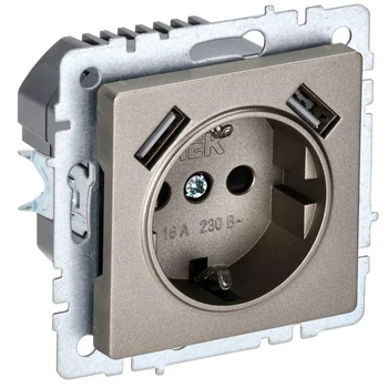 Розетка BRITE РЮш10-2-БрШ 16А с USB A+A 3.1А с заземл. защ. шторки шампань IEK BR-R14-16-U21-D31-K37 Розетка BRITE РЮш10-2-БрШ 16А с USB A+A 3.1А с заземл. защ. шторки шампань IEK BR-R14-16-U21-D31-K37