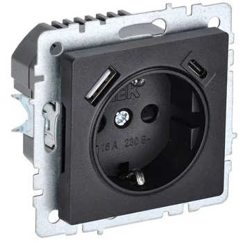 Розетка BRITE РЮш11-1-БрЧ 16А с USB A+C 18Вт с заземл. защ. шторки черн. IEK BR-R14-16-U22-018-K02 Розетка BRITE РЮш11-1-БрЧ 16А с USB A+C 18Вт с заземл. защ. шторки черн. IEK BR-R14-16-U22-018-K02