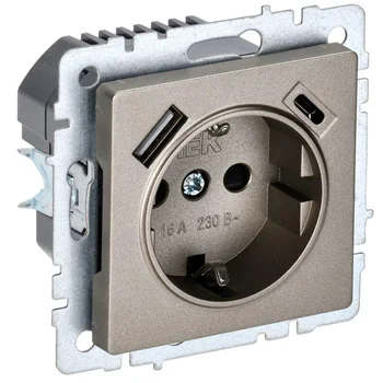 Розетка BRITE РЮш11-1-БрШ 16А с USB A+C 18Вт с заземл. защ. шторки шампань IEK BR-R14-16-U22-018-K37 Розетка BRITE РЮш11-1-БрШ 16А с USB A+C 18Вт с заземл. защ. шторки шампань IEK BR-R14-16-U22-018-K37