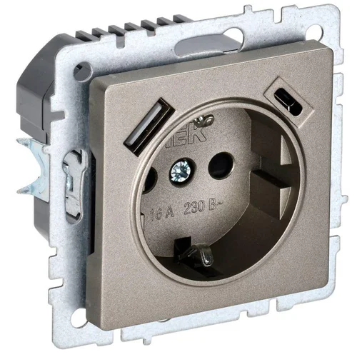 Розетка BRITE РЮш11-1-БрШ 16А с USB A+C 18Вт с заземл. защ. шторки шампань IEK BR-R14-16-U22-018-K37 Розетка BRITE РЮш11-1-БрШ 16А с USB A+C 18Вт с заземл. защ. шторки шампань IEK BR-R14-16-U22-018-K37