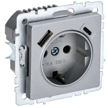 Розетка BRITE РЮш11-1-БрА 16А с USB A+C 18Вт с заземл. защ. шторки алюм. IEK BR-R14-16-U22-018-K47 Розетка BRITE РЮш11-1-БрА 16А с USB A+C 18Вт с заземл. защ. шторки алюм. IEK BR-R14-16-U22-018-K47