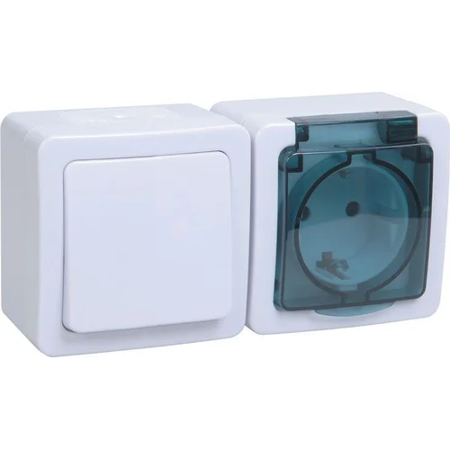 Блок ОП выключатель 1-кл. и розетка с заземл. контактом и крышкой для открытой установки бел. клавиш