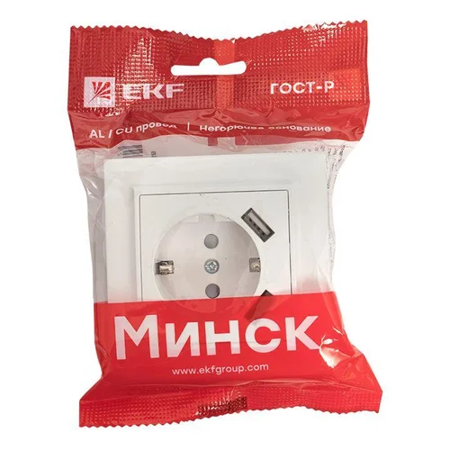 Розетка 1-м СП Минск 16А IP20 с заземл. защ. шторки с 2-мя заряд. устройствами USB 2.1А бел. EKF ERR Розетка 1-м СП Минск 16А IP20 с заземл. защ. шторки с 2-мя заряд. устройствами USB 2.1А бел. EKF ERR