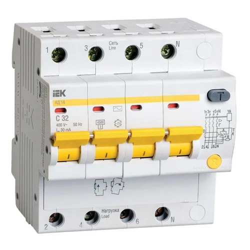 Выключатель автоматический дифференциального тока 4п C 32А 30мА тип AC 4.5кА АД-14 IEK MAD10-4-032-C