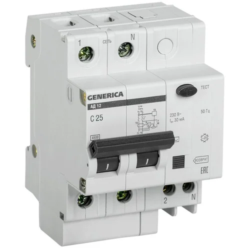 Выключатель автоматический дифференциального тока 2п 25А 30мА АД12 GENERICA MAD15-2-025-C-030