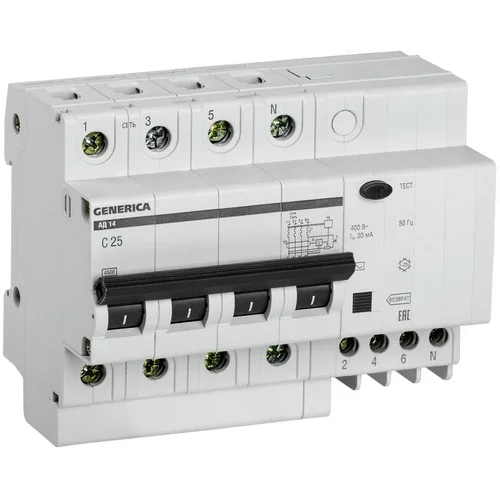 Выключатель автоматический дифференциального тока 4п 25А 30мА АД14 GENERICA MAD15-4-025-C-030