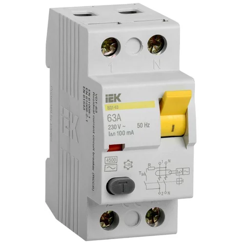 Выключатель дифференциального тока (УЗО) 2п 63А 100мА тип AC ВД1-63 IEK MDV10-2-063-100 Выключатель дифференциального тока (УЗО) 2п 63А 100мА тип AC ВД1-63 IEK MDV10-2-063-100