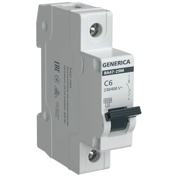 Выключатель автоматический модульный 1п C 6А 4.5кА ВА47-29М GENERICA MVA21-1-006-C-G Выключатель автоматический модульный 1п C 6А 4.5кА ВА47-29М GENERICA MVA21-1-006-C-G