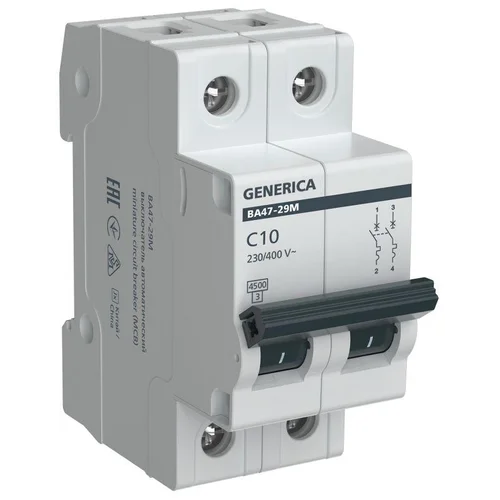 Выключатель автоматический модульный 2п C 10А 4.5кА ВА47-29М GENERICA MVA21-2-010-C-G Выключатель автоматический модульный 2п C 10А 4.5кА ВА47-29М GENERICA MVA21-2-010-C-G