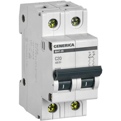 Выключатель автоматический модульный 2п C 20А 4.5кА ВА47-29 GENERICA MVA25-2-020-C Выключатель автоматический модульный 2п C 20А 4.5кА ВА47-29 GENERICA MVA25-2-020-C