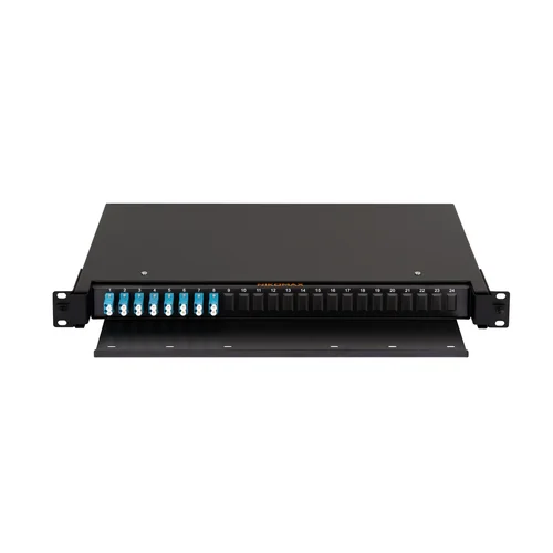 Оптический кросс NIKOMAX 19" Premium Line, 1U, укомплектованный на 16 портов LC/UPC (8 двойных LC/UPC адаптеров), SM 9/125 OS2, выдвижной, с полкой