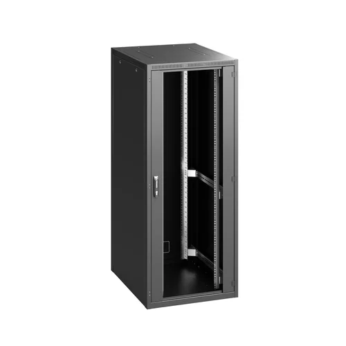 19" RI7 напольный шкаф, высота 42U, ширина 800, глубина 800, спереди стеклянная дверь, сзади металлическая стенка, цвет черный (RAL 9005)