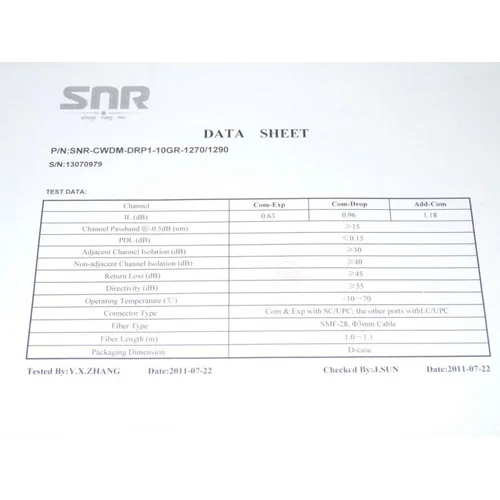 Модуль Add/Drop SNR-CWDM-10GR-OADM1-1270/1290 Модуль Add/Drop SNR-CWDM-10GR-OADM1-1270/1290