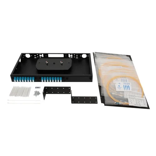 Кросс оптический 19" (ШКОС) укомплектованный на 32 LC порта, черный (комплект с розетками и пигтейлами) Кросс оптический 19" (ШКОС) укомплектованный на 32 LC порта, черный (комплект с розетками и пигтейлами)