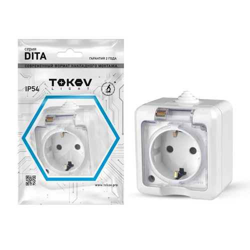 Розетка 1-м ОП Dita 16А IP54 250В с заземл. с прозр. крышкой бел. TOKOV ELECTRIC TKL-DT-R1Z-C01T-IP5