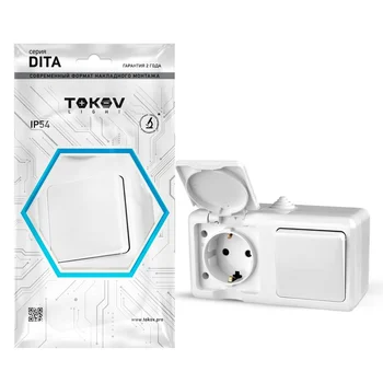 Блок ОП Dita (розетка 16А 250В с заземл. + 1-кл. выкл. 10А) IP54 бел. TOKOV ELECTRIC TKL-DT-V1RZ-C01 Блок ОП Dita (розетка 16А 250В с заземл. + 1-кл. выкл. 10А) IP54 бел. TOKOV ELECTRIC TKL-DT-V1RZ-C01