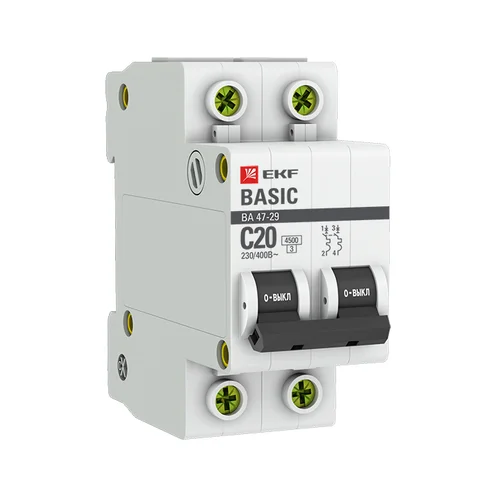 Выключатель автоматический модульный 2п C 20А 4.5кА ВА 47-29 Basic EKF mcb4729-2-20C Выключатель автоматический модульный 2п C 20А 4.5кА ВА 47-29 Basic EKF mcb4729-2-20C