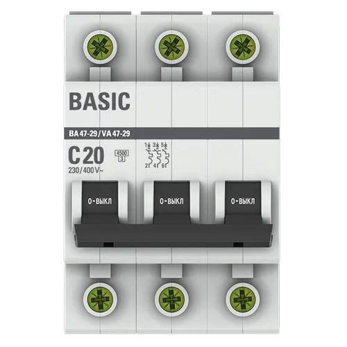 Выключатель автоматический модульный 3п C 20А 4.5кА ВА 47-29 Basic EKF mcb4729-3-20C Выключатель автоматический модульный 3п C 20А 4.5кА ВА 47-29 Basic EKF mcb4729-3-20C