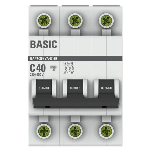 Выключатель автоматический модульный 3п C 40А 4.5кА ВА 47-29 Basic EKF mcb4729-3-40C Выключатель автоматический модульный 3п C 40А 4.5кА ВА 47-29 Basic EKF mcb4729-3-40C