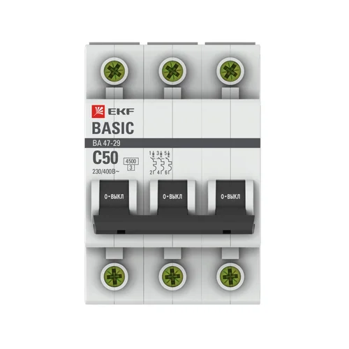 Выключатель автоматический модульный 3п C 50А 4.5кА ВА 47-29 Basic EKF mcb4729-3-50C Выключатель автоматический модульный 3п C 50А 4.5кА ВА 47-29 Basic EKF mcb4729-3-50C
