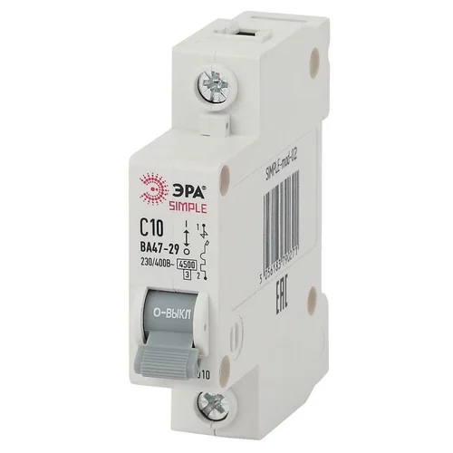 Выключатель автоматический модульный 1п C 10А 4.5кА ВА 47-29 SIMPLE-mod-02 ЭРА Б0039219 Выключатель автоматический модульный 1п C 10А 4.5кА ВА 47-29 SIMPLE-mod-02 ЭРА Б0039219